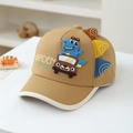 Detail view of khaki kids baseball cap with 3D dinosaur car applique and side embroidery - 52cm (3-6 Years) / Brown