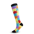 Colorful puzzle pattern compression socks with black heel and toe on white background - Jigsaw Puzzle