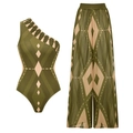 Olivgrünes Badeanzug-Set mit geometrischem Print, One-Shoulder-Schnitt und weiter Hose - S / Ein-Schulter-Set