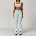 Two-piece light mint green yoga set with high waist V-cut leggings and sports bra - S / Top And Bottom / Sports Bra + Leggings / Cream Green