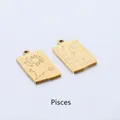 Macro view of gold rectangular Pisces zodiac pendant with engraved sun and moon motifs - Pisces