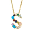 Golden S-shaped necklace with vibrant multi-colored gemstones and fine link chain - Letter S