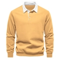 Close-up of yellow long-sleeve polo sweatshirt with white collar and two-button placket - Goose Yellow