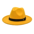 Close-up of ginger yellow wool fedora hat featuring a black belt with gold stud detail - M (56-58cm) / Yellow