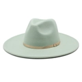 Close-up of mint green wool fedora hat featuring a thin faux leather band with gold buckle - M (56-58cm) / Mint Green