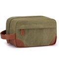Detail view of a vintage army green canvas and leather men's toiletry bag for travel - Army Green
