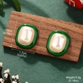Detailed view of green triangle pearl earrings with gold trim and size dimensions - Green Square Pearl Earrings (E4-18424-2600)