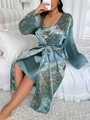 Dames grote maten satijnen badjas set met bloemenprint in grijsblauw met bijpassende riem - 3XL / Groene Kers
