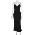 Detailed front view of a black slim fit backless maxi dress on a mannequin - S / Black