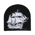 Gorro clásico de punto negro con diseño jacquard de velero blanco para el invierno - M (56-58cm) / Negro