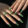 Long ballet press-on nails with green and black tiger pattern French design - Pink Green Tiger Print French Style (JP1473)