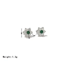 Elegant floral silver studs with green center gemstone and clear crystal accents - Platinum-Green Rhinestone