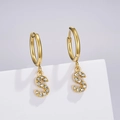 Detail view of gold stainless steel hoop earring with a sparkling zircon letter S pendant - Letter S (Style: 0229)