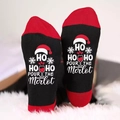 Christmas crew socks with red and black color block and HO HO HO POUR THE Merlot text - One Size / Christmas Hat Letter Black Red