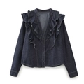 Dark blue denim shirt featuring ruffled V-neck and button-down long sleeves - XS / Blue Top