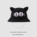 Close-up of black kids bucket hat featuring cute cat ears and 3D big eyes detail - 48-50cm (2-4 Years) / Black