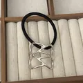 Minimalist silver irregular hollow geometric ponytail cuff with black elastic hair tie - GD433 Silver Irregular Hollow