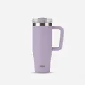 Detail of purple 40oz stainless steel travel tumbler with handle and clear lid - Lilac Purple