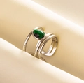 Three-layer silver stainless steel ring with a teardrop malachite stone inlay - Silver - Green Faux Stone
