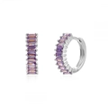 Sparkling purple rectangle-cut zircon earrings set in polished silver metal - Silver with Purple Baguette Zircon Hoop