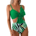 Women's two-piece bikini with bright green tie-knot top and high-waisted swirl pattern bottom - Emerald Green