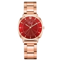 Women's rose gold quartz watch with a deep red sunburst dial and steel link bracelet - Red
