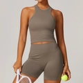 Ensemble de sport côtelé sans couture taupe avec haut dos nageur et short taille haute - S / Haut Et Bas / Ensemble 2 pièces (Gilet + Short) / Marron