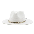 Detail of white woven straw cowboy hat with a brown shell and gold bead band decoration - M (56-58cm) / White