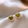 Elegant gold earrings with green oval gemstones and a sparkling zircon halo on silk - Vortex Round Gold Green Style (1# Silver Needle-Gold-Green)