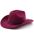 Detail of burgundy faux suede cowboy hat featuring brown leather braided band with turquoise buckle - Burgundy
