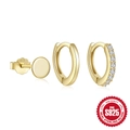 Oorbellen set van 925 sterling zilver verguld met glinsterende zirkoon steentjes - Ronde Schijf Knop & Hoops Set / Goud