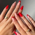 Almond press-on nails in bright red and nude cherry patterns with small rhinestones - No Accessories Style / X-0470 Bright Red Cherry