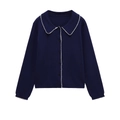 Donkerblauwe gebreide cardigan met witte schulprand en Peter Pan kraag voor dames - S / Marineblauw
