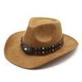 Classic camel faux suede western cowboy hat with turquoise accents and leather band - M (56-59cm) / Khaki (Suede)