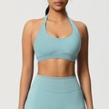 Détail du soutien-gorge de sport dos nu bleu clair avec large bande côtelée de maintien - Vert Pâle