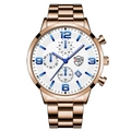 Rose gold stainless steel watch for men with white textured dial and blue markers - Rose Gold Steel Band White Dial [Steel + Calendar/Luminous]