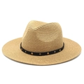 Classic light brown Panama straw hat with black studded band and retro jazz style - M(56-58cm) / Khaki