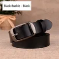 Genuine black leather belt for women featuring a minimalist gunmetal black pin buckle - Black Buckle - Black