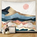 Dettaglio ravvicinato dell'arazzo con montagne astratte, sole e uccelli volanti - 73X95CM / Tessuto Spazzolato / GT104575-Montagne Morandi