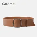 Classic caramel genuine leather wide belt for women featuring a polished silver pin buckle - 11.5CM / Caramel color