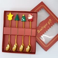 Christmas-themed 4-piece golden stainless steel coffee spoon set with festive silicone charms - Gold Machine Polished - 4 Spoons Red Box