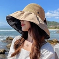 Khaki wide-brim sun hat with straw crown and black glue lining for UV protection - M Logo Open Top Khaki