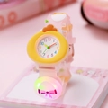 Luminous kids watch with yellow cartoon chicken face and pink strap on pink background - Pink Chicken