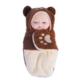 Mini sleeping baby doll in brown and beige plush swaddle with cute bear ears hood - Little Brown Bear Sleeping Baby (OPP Bag)