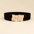 Elastic black waist belt with a geometric gold metal buckle for women's dresses - 19208 Black-Geometric Square Buckle