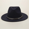 Detail of navy felt fedora hat with a bold silver metal chain link decoration band - M (56-58cm) / Black