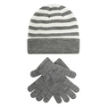 Children's winter set with grey and white striped knit beanie and matching warm gloves - M / Five-finger Gloves Style / Grey and White Stripes