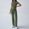 Women's olive green sports set with crop top and loose drawstring pants for casual wear - S / Army Green