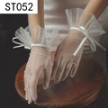 Elegant white tulle bridal gloves with ruffle cuffs and decorative bows for weddings - White Yarn Ruffle Bowknot (ST052)