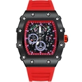 Detalle de reloj automático en forma de tonel con caja negra y correa de silicona roja - Rojo